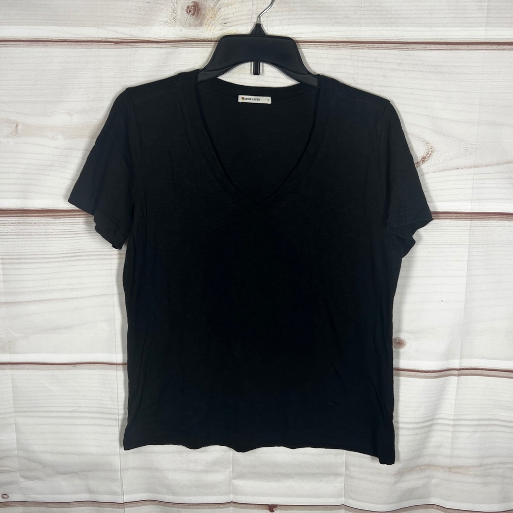 Marine Layer V-Neck Top Women Large Black Solid Supima Cotton Modal Short Sleeve